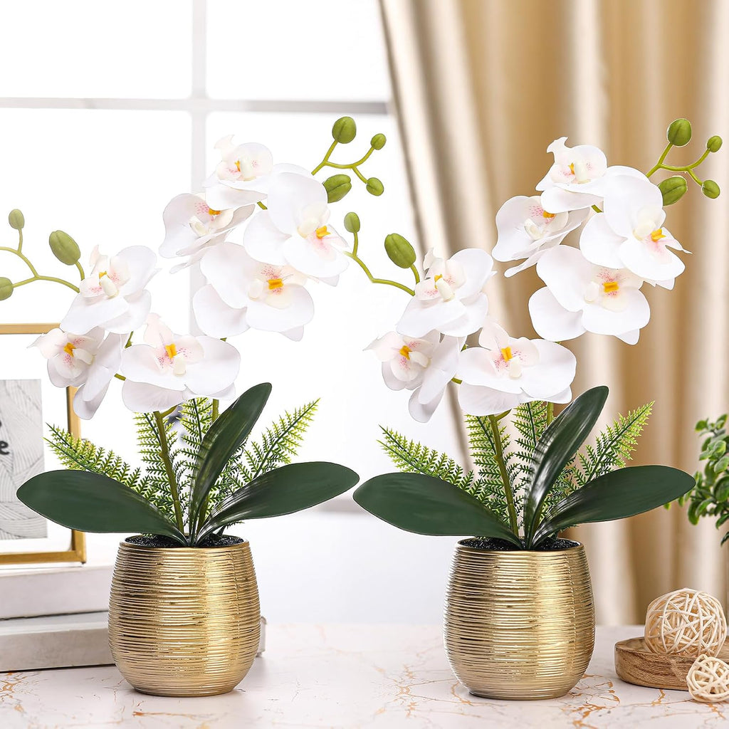 orchids artificial flowers in gold ceramic vase 13'' on a desk or shelf