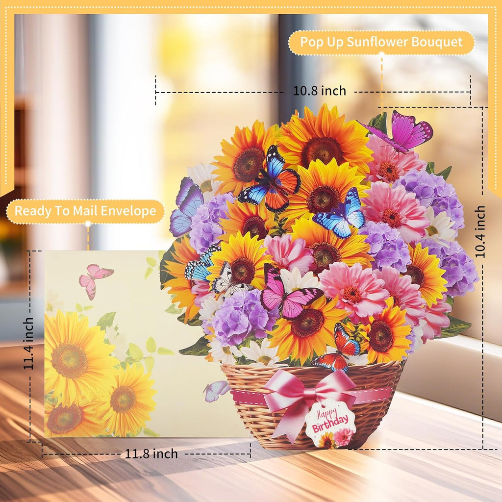 MZD8391 Birthday Cards with MUSIC & LIGHTS, Pop Up Happy Birthday Card, Sunflower & Butterfly, 10 Inch Life Sized Forever Flower Bouquet Gifts for Women Mom Grandma