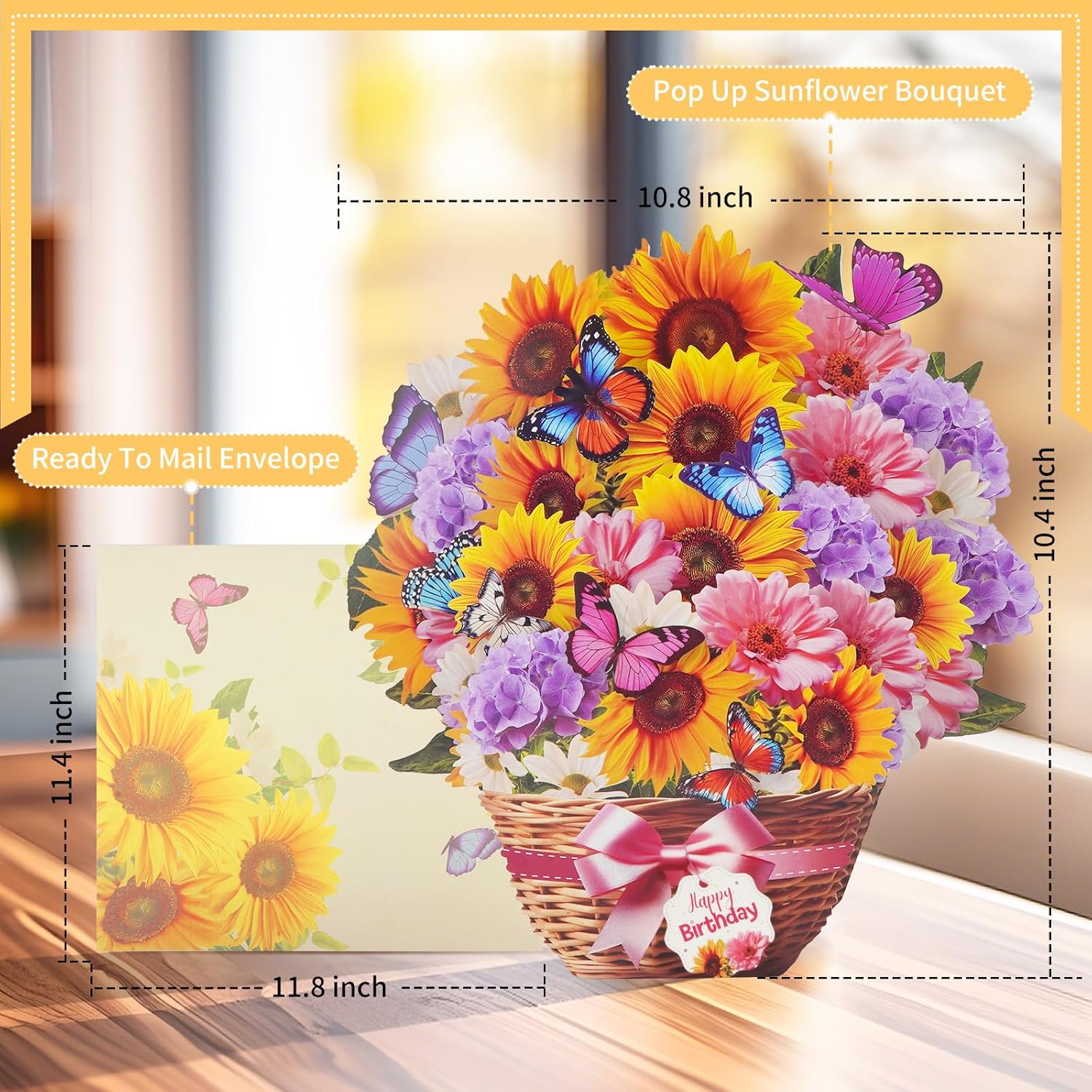 MZD8391 Birthday Cards with MUSIC & LIGHTS, Pop Up Happy Birthday Card, Sunflower & Butterfly, 10 Inch Life Sized Forever Flower Bouquet Gifts for Women Mom Grandma