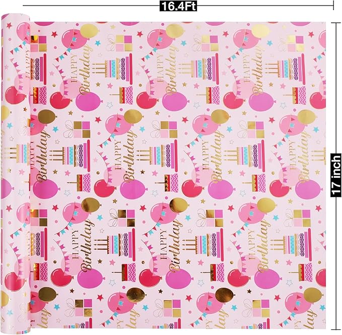 Aimyoo Pink Birthday Wrapping Paper Roll - 17 Inch X 16.4 Feet - Gold Foil Celebration Cake, Balloon, Happy Birthday Lettering Design Gift Wrap for Kids, Baby Showers