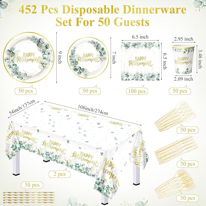 452 Pcs Sage Green Retirement Party Supplies Happy Retirement Paper Plates Napkins Cups Tablecloth Cutlery Straws for Men Women Employee Coworker Teacher Farewell Party Decorations