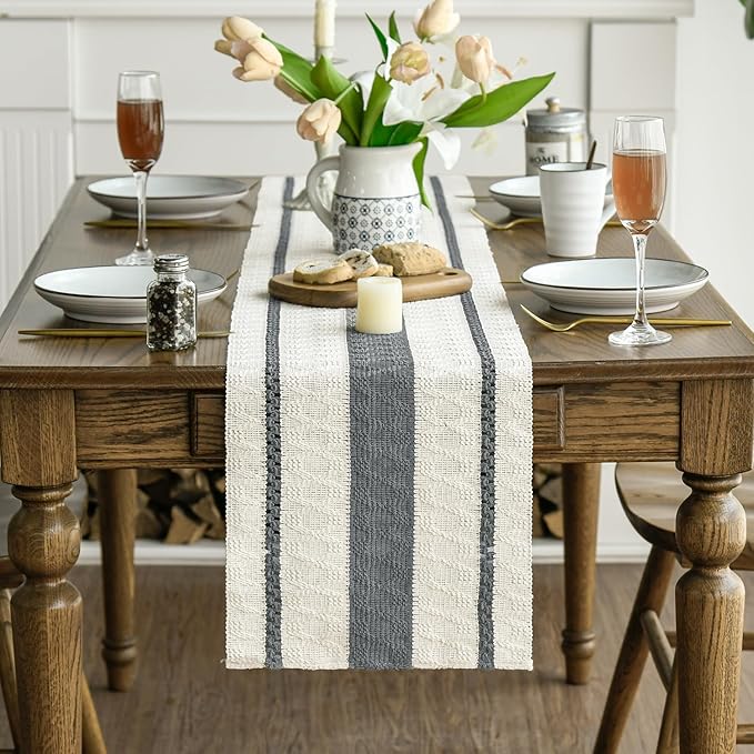 Artoid Mode Dark Grey Farmhouse Woven Rustic Table Runner, Seasonal Holiday Hollow Kitchen Dining Table Decoration for Home Party Decor 12x36 Inch