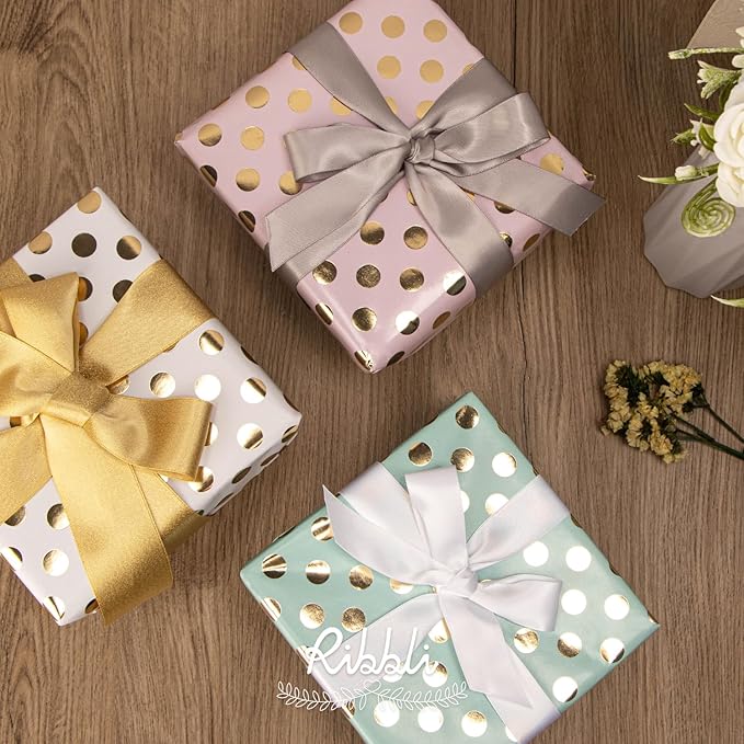Ribbli Birthday Wrapping Paper Polka Dots Gift Wrap for Baby Shower Roll, 3 Rolls Pink White Blue Dots Pattern with Gold Foil - 17 inch x 120 inch(10feet) Per Roll