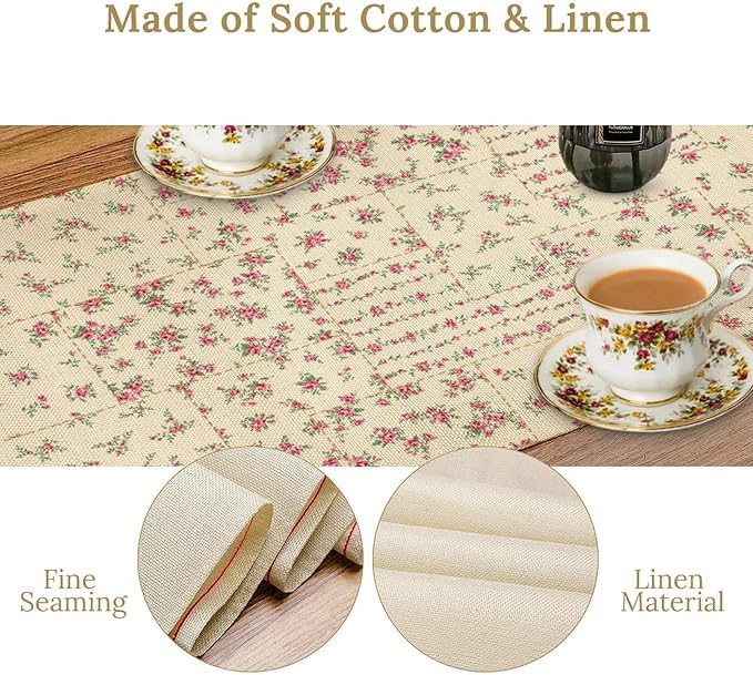 Floral Table Runner, Watercolor Rose Flower Kitchen Table Decoration Vintage Spring Home Tablecloth for Birthday Party Picnic Decoration 13x120 Inch 1PCS