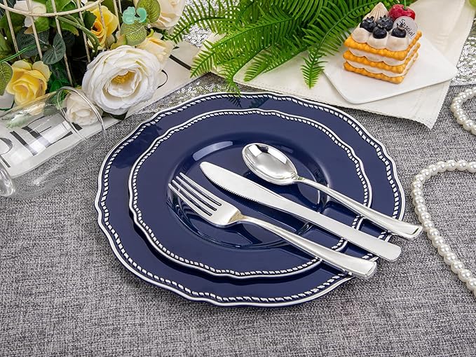 Hioasis 60pcs Blue Plastic Plates - Blue and Silver Disposable Dinnerware with Gold Rim, Heavy-duty, 7.5 inch, Dessert Plates for Party & Wedding