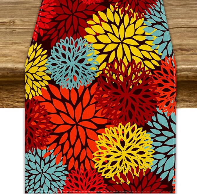 Red Yellow Dahlia Table Runner, Seasonal Autumn Thanksgiving Pattern Print for Home Kitchen Table Decor Dining Coffee Room Party Decor 13x36 Inch