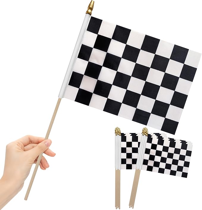 12Pcs 8×12 Inch Small Checkered Flags Black and White Racing Flags on Wood Stick Mini Race Car Handheld Flag Decorations