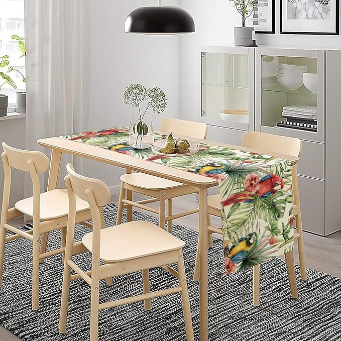 Parrot Table Runner,Tropical Palm Leaf Colorful Macaw Bird Watercolor Print Tablecloth Burlap for Hotel Indoors Outdoor Dining Room Kitchen Home Decor,W13X L36 in