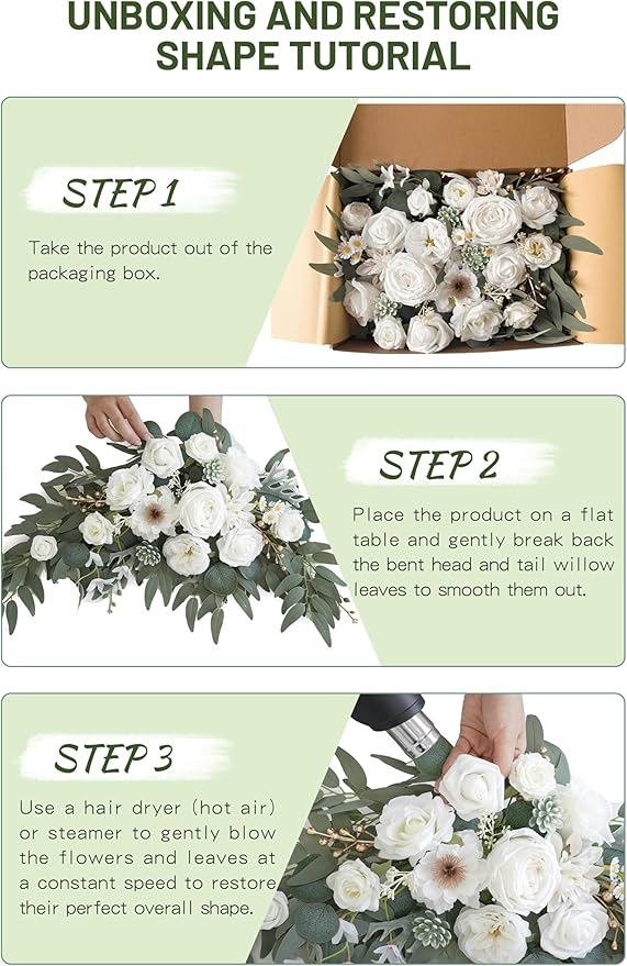 Faux Arch Flower Swag Set of 2 for Wedding Welcome Signs Floral Swag Wedding Reception Ceremony Signs Decor (White)