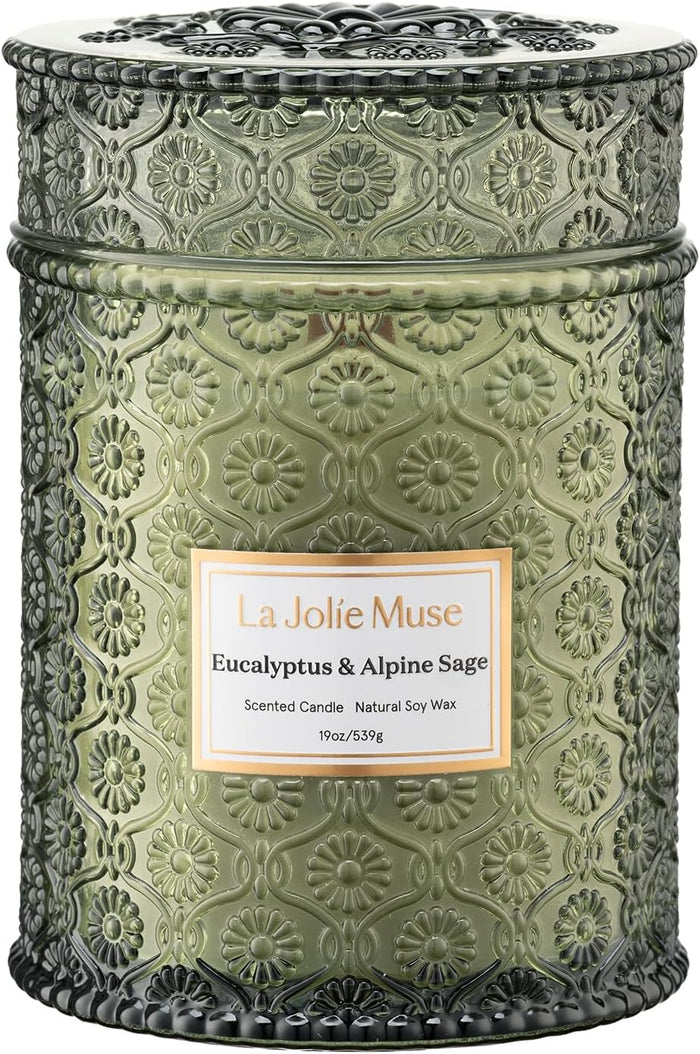 LA JOLIE MUSE Eucalyptus Sage Fresh Scented Candles for Home, 19 oz Soy Wax | Large Jar Luxury Candle, Clean Non Toxic, Gift for Women & Men, Relaxing Aromatherapy Candle, Decorative Candles, Wood Wick
