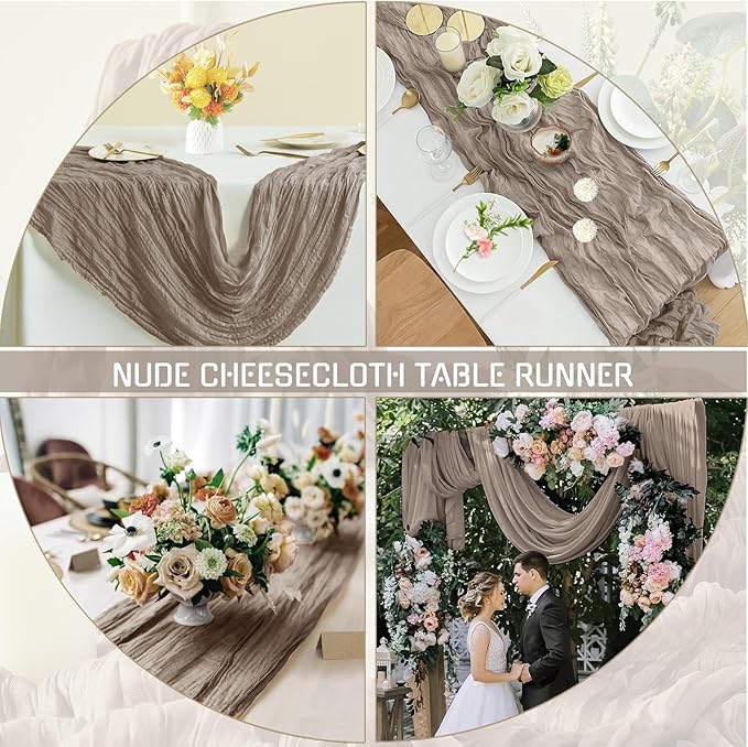 16PCS Nude Cheesecloth Table Runner 10FT Table Runner Cheesecloth 35x120Inch Boho Gauze Cheese Cloth Table Runner Long Rustic Sheer Table Runners for Wedding Party Baby Bridal Shower Table Decor