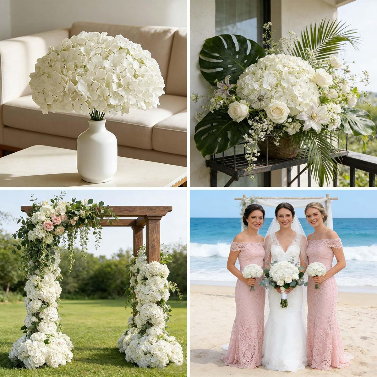 white hydrangea artificial flowers, faux hydrangea flowers, fake, package contents