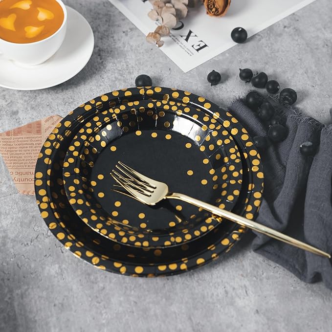 Lullaby 120PCS Black Paper Plates, Black and Gold Paper Plate, 60pcs Dinner Plates 9"，60pcs Dessert Plates 7", Disposable Graduation Plates with Golden Dot for Birthday party, Halloween