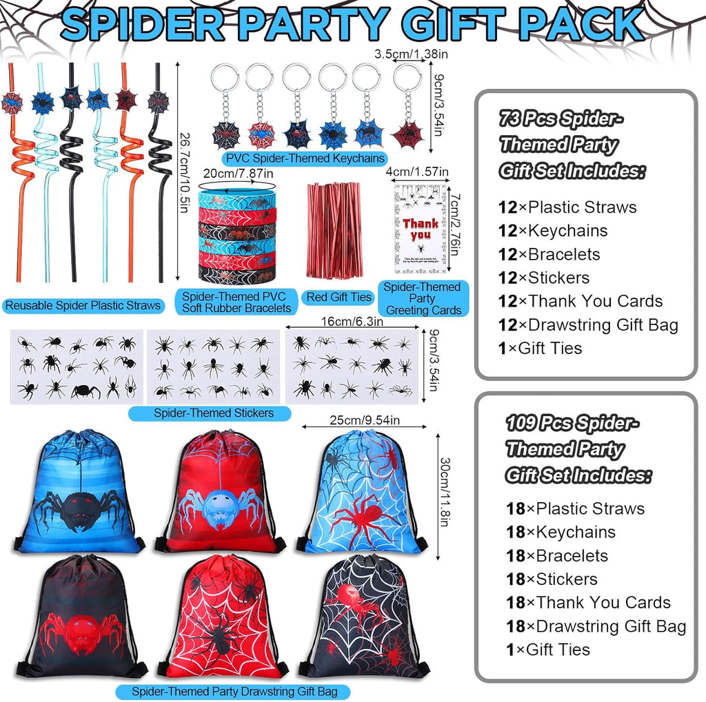 LemonRoad 73 Pcs Spider Party Favors Set Birthday Supplies Includes Drawstring Bags Backpack Keychains Bracelets Stickers Straws Tags for Birthday Party Favors Rewards Gifts