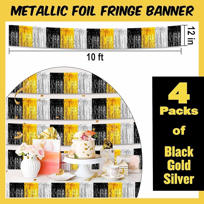 4 Pack 10 Ft Black Gold Silver Foil Fringe Garland Metallic Streamers Tinsel Banner Wall Hanging Garland Backdrop for Parade Floats, Halloween, Christmas, Thanksgiving, New Year Party Decorations