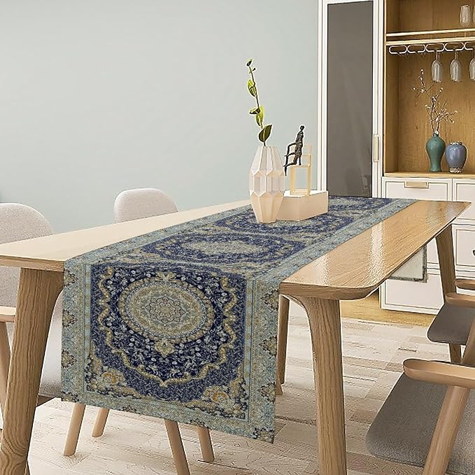 Boho Bohemia Style Blue Teal Table Runner, Country Rustic Farmhouse Magical Abstract Print Pattern for Home Kitchen Table Decor Dining Coffee Room Garden Party Decor 13x36in