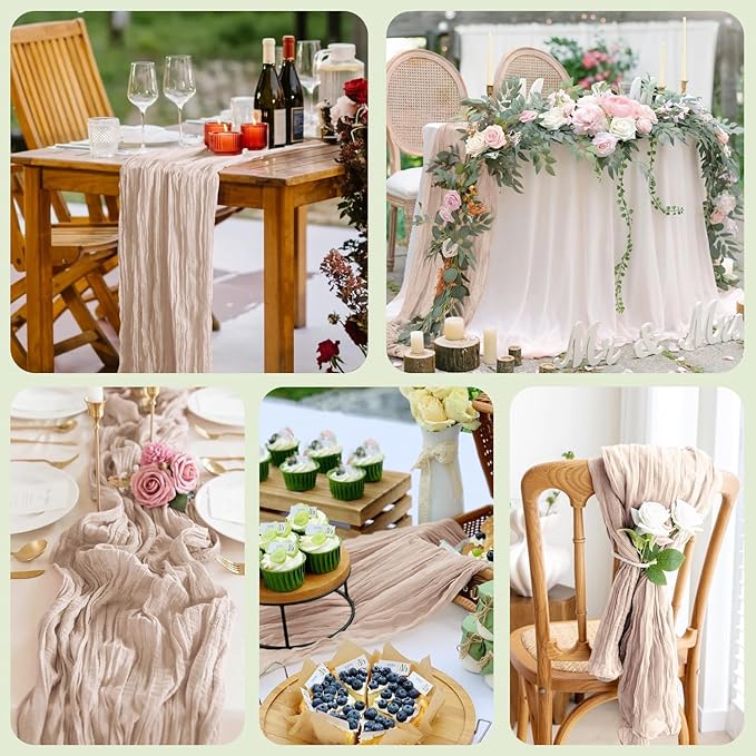 Asee'm 12pcs Cheesecloth Table Runner 120 Inches Long Nude Pink Boho Gauze Cheese Cloth Runner 10FT Rustic Sheer Table Runners for Christmas Wedding Party Baby Shower Spring Easter Decoration