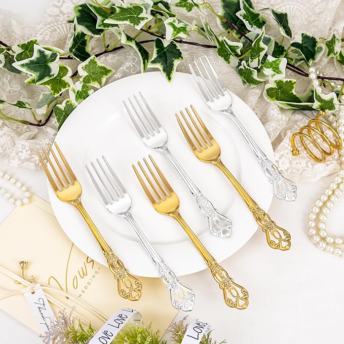 30PCS Silver Plastic Forks - 8.1inch Silver Forks Disposable - Vintage Heavy Duty Dessert Forks - Premium Fancy Plastic Silverware for Parties, Weddings, Dinners and Events