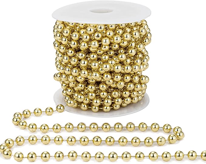 8mm Crafts Faux Pearl Beads Garland Pearl Bead Roll Strand of Pearls to Decorate Floral Centerpieces Wedding Party Favor Christmas Tree(33 Feet Gold)