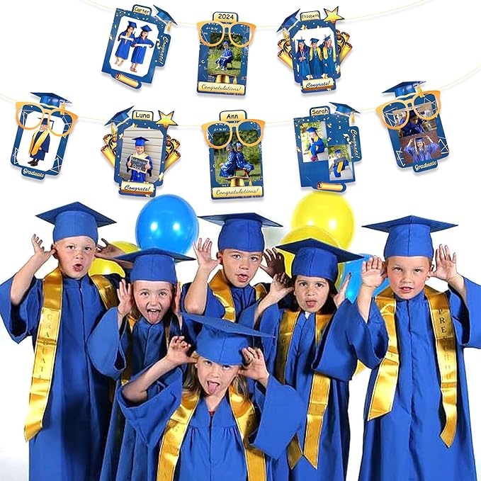 pinkblume Graduation Party Decorations Navy Blue and Gold Grad Photo Banner Royal Blue Gold Congrats Grad Photograph Bunting Garland for 2025 Graduation Celebration Party Decorations Supplies
