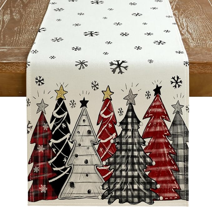GEEORY Christmas Table Runner 13x48 Inch, Xmas Tees Snowflakes Holiday Decorative Farmhouse Table Decoration for Kitchen Dinning, Indoor Outdoor Dinner Party Decor ((Red & Black) GT165-48