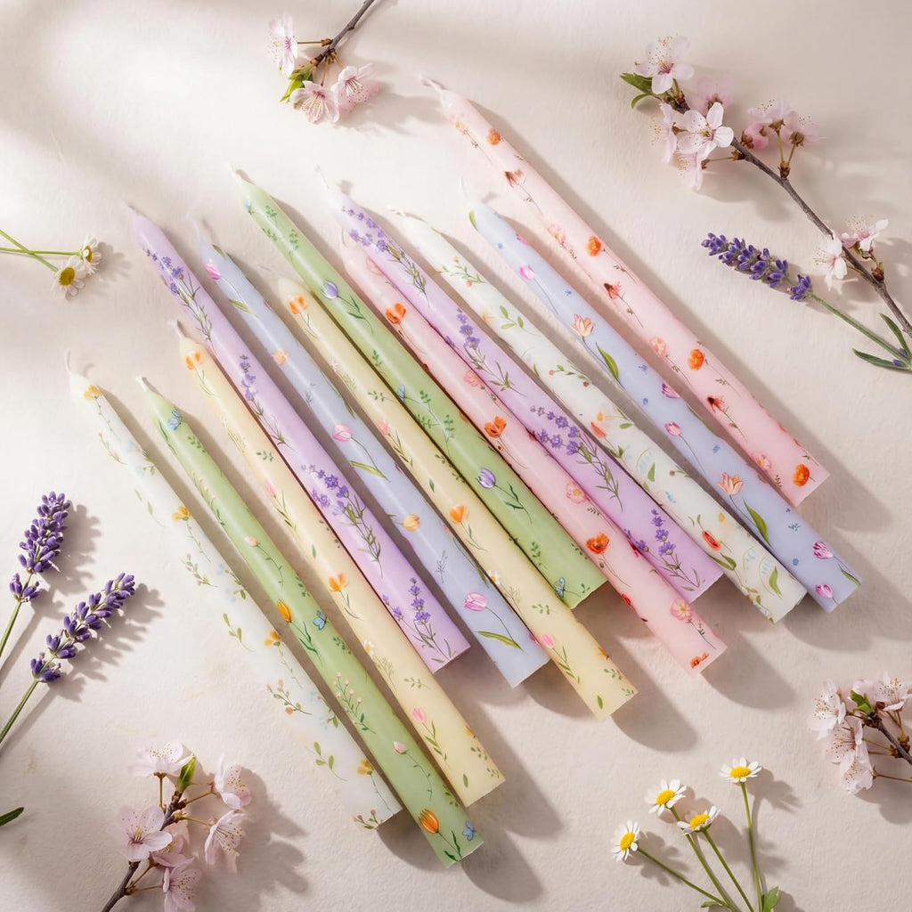 Conelist 12 Pcs 9.8" Floral Long Taper Candles Pastel Flower Candlesticks Tall Smokeless Unscented Decorative Tapered Candles Gifts for Christmas Wedding Home Dinner Party Decorations