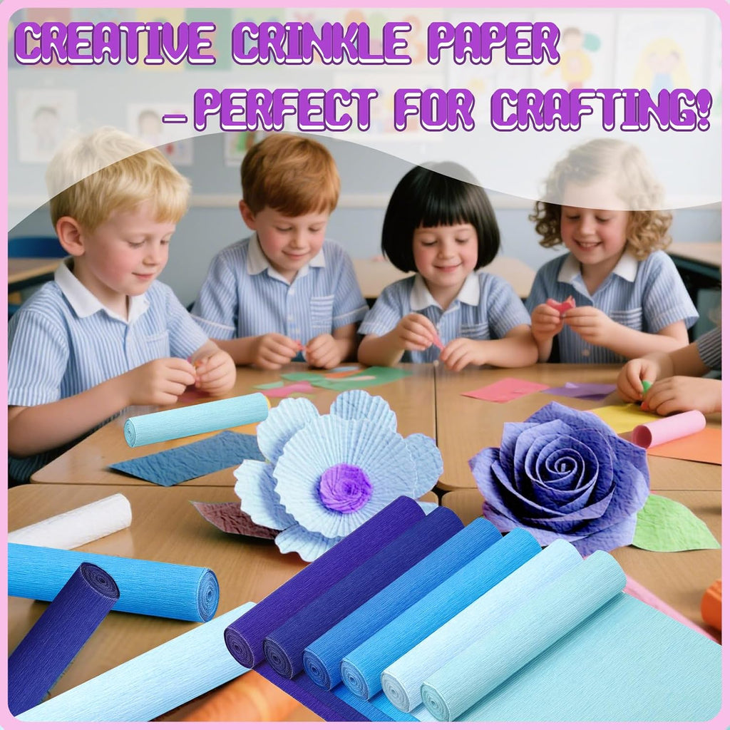 6 Rolls Crepe Paper Streamers, 10 Inch x 8 Feet (Blue) | Flower Making Kits With Floral Tape and Stem Wire for Birthday Party Wedding