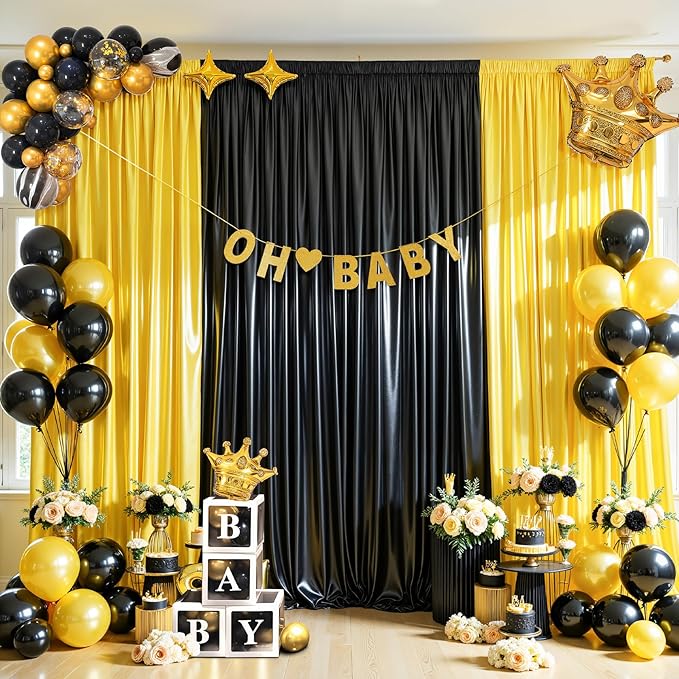 Gold Satin Backdrop Curtains 2 Panels - Glitter Photo Drapes for Baby Shower, 10x10FT Shimmer Back Drop Cloth, Wrinkle Free for Birthday Graduation Home Party Wedding Background
