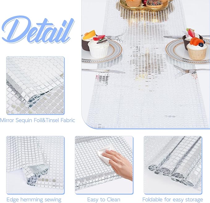 SquarePie Disco Table Runner 2 Pack - Silver Mirror Sequin Glitter Foil Runner for Disco Party Decor Retro 70s 80s Theme, Bachelorette Birthday Dance Decoration 12x108 Inch