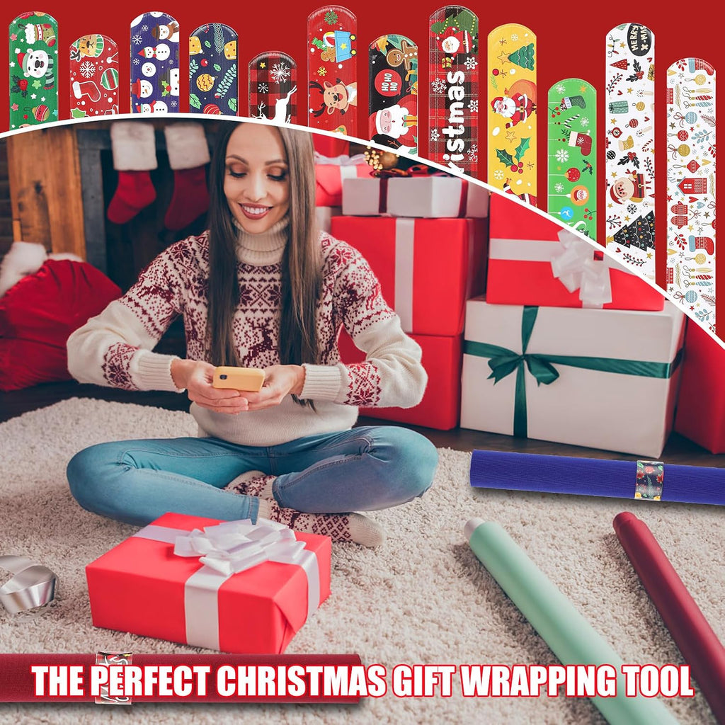 XIHIRCD 12pcs Christmas Wrapping Paper Roll Holder Clips, 8.7x1.2in Holiday Flip Wraps Clamps 12 Designs Stabilizer Slap Bands Gift Strips Flip Gadgets for Xmas Poster Wrapping Organization Storage