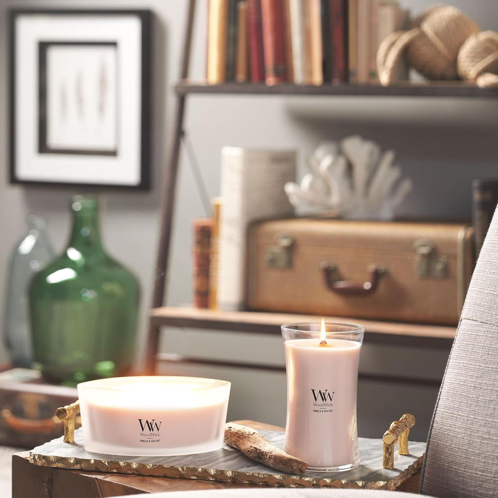 WoodWick Ellipse Scented Candle Vanilla & Sea Salt Scent Crackles as it Burns Up to 50 hours Burn Time Premium Soy blend Perfect for gifting 16oz