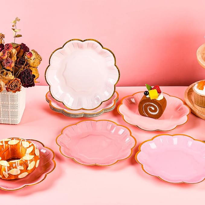 Pink Party Plates Gradient Pink Dessert Paper Plates 7inch Gold Foil Scalloped Edge Disposable Cake Plates for Tea Party Birthday Bridal Baby Shower Wedding Party Supplies (24)