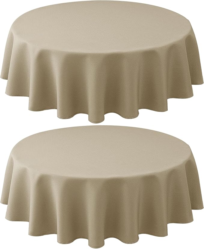Biscaynebay 2 Pack Textured Fabric Round Tablecloths 60'' for Tables diameters from 28" to 48", Natural Table Cloth Water Resistant Small Folding Table Covers for Dining Kitchen Wedding Parties