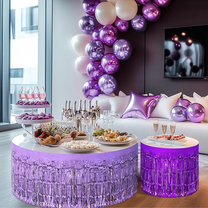 2 Pack Light Purple Dark Purple Table Skirts, 29x108" Metallic Foil Tinsel Fringe Table Skirt for Rectangle Tables Streamer Curtains Backdrop, Party Decorations for Birthdays, Weddings, Holidays