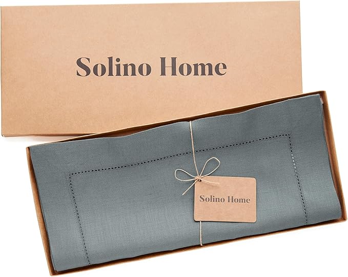 Solino Home Linen Hemstitch Table Runner 60 Inches - 100% Pure Linen Dark Grey Table Runner 14 x 60 Inch Ideal for Dresser and Coffee Tables - Classic Hemstitch - Thanksgiving
