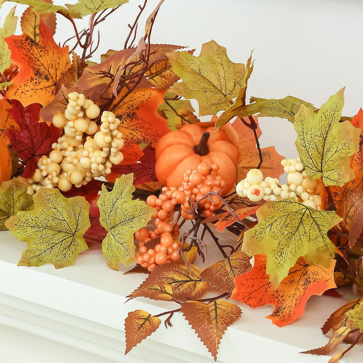 mizii fall decor artificial maples leaf pumpkin garland, close-up detail