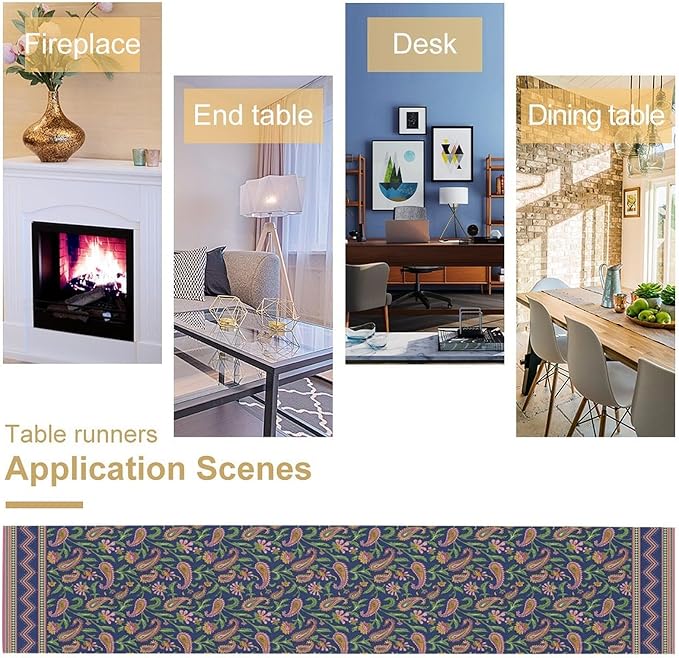 Colorful Paisley Floral Table Runner, Vintage Pink Purple Flowers Green Plants Leaves Print Table Runner for Kitchen Dining Table Indoor Outdoor Home Party, 13x70inch