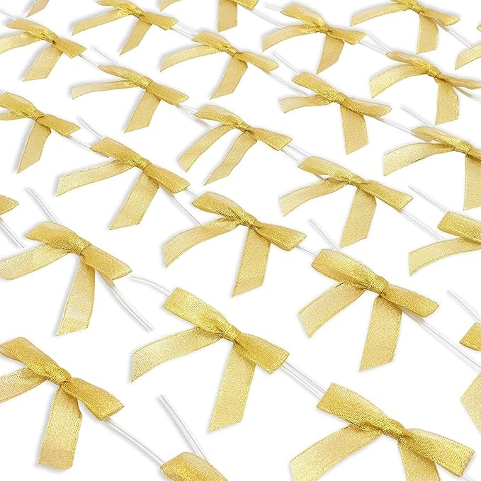 Bright Creations Gold Twist Tie Bows - 100 Pack, 2.5 x 3 in - Pretied Gold Bows & Ribbon for Treat Bags & Twist Ties for Crafts