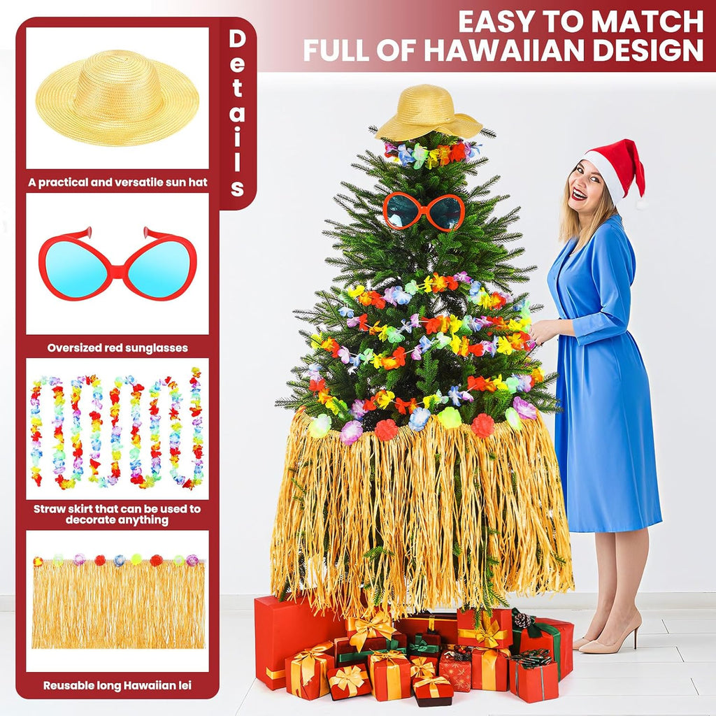 4 Pcs Summer Christmas Tree Decoration Christmas July Tassel Grass Skirt Oversized Sunglass Hat Floral Garland Tropical Party Decor for Hawaiian Party Supplies