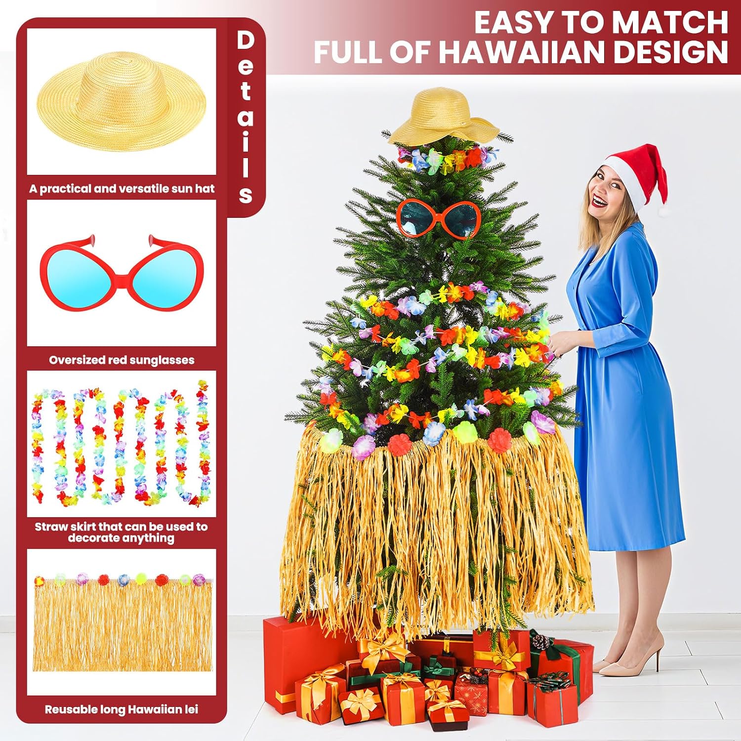 4 Pcs Summer Christmas Tree Decoration Christmas July Tassel Grass Skirt Oversized Sunglass Hat Floral Garland Tropical Party Decor for Hawaiian Party Supplies