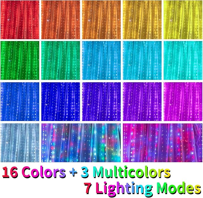 16 Colors Changing Curtain Lights - 250 LED 9.8 X 8.8 FT Fairy String, 7 Modes Twinkle with Remote, Backdrop Wall Hanging Dripping for Bedroom Backyard Halloween Christmas Decor