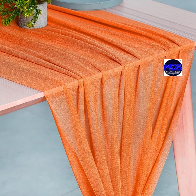 MDS 25 Pack 10ft Chiffon Table Runner 29 x 120 Inches Sheer Wedding Runner Romantic Rustic Table Runner for Wedding Decorations, Birthday Parties, Bridal Shower Party Arch Decor - Orange