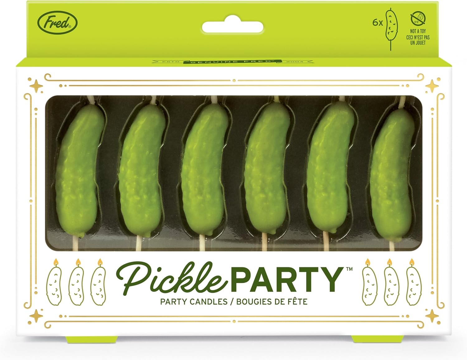 Genuine Fred Pickle Party Candles Set of 6 Quirky Pickle-Shaped Party Birthday Candles 2" Tall Fun and Unique Party Decor Gift-Ready Package