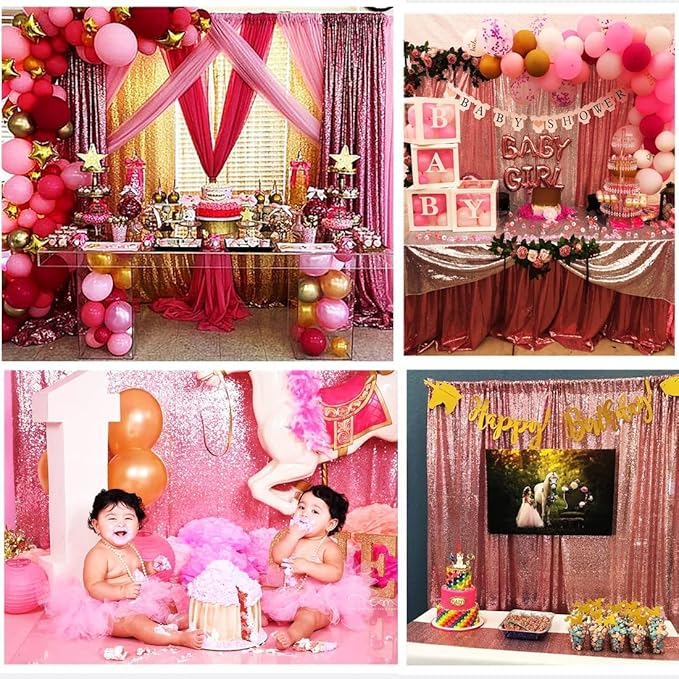 Poise3EHome Fuchsia Pink Sequin Backdrop, 4 Panels 2x8ft Glitter Curtain for Weddings, Parties, Photo Booth Decor
