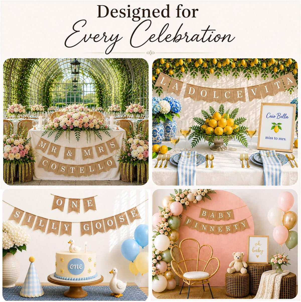 Pre-Printed Banner Kit – 97 BURLAP Flags with WHITE Letters, Numbers & Sy...
