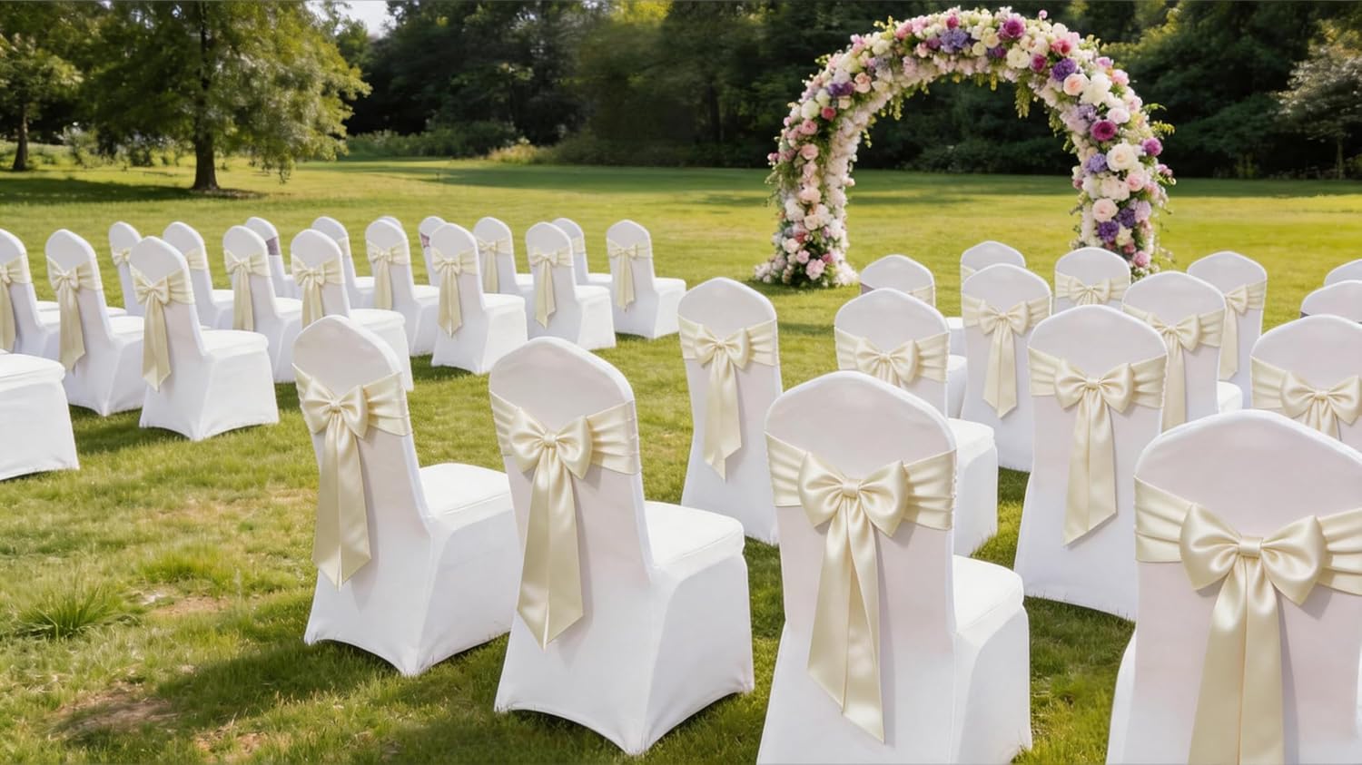 Satin Chair Sashes Bows 50 Pack Universal Polyester Chair Ribbons for Wedding Anniversary Retirement Party Birthday Engagement Banquet Graduation Outdoor Events Decor (Ivory, 50 pcs)