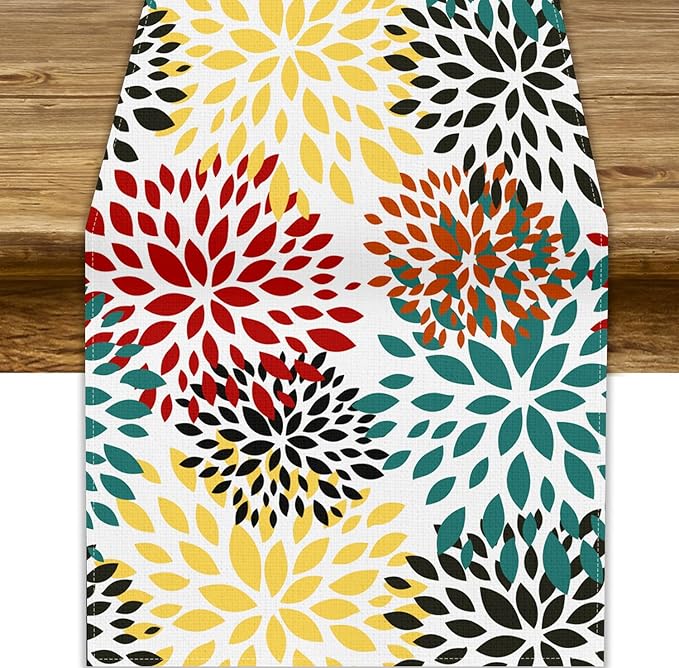 Green Red Dahlia Flower Table Runner Chrysanthemum Geometric Kitchen Dining Bedroom Living Room Table Decor for Indoor Outdoor Home Party, 13x60 Inch