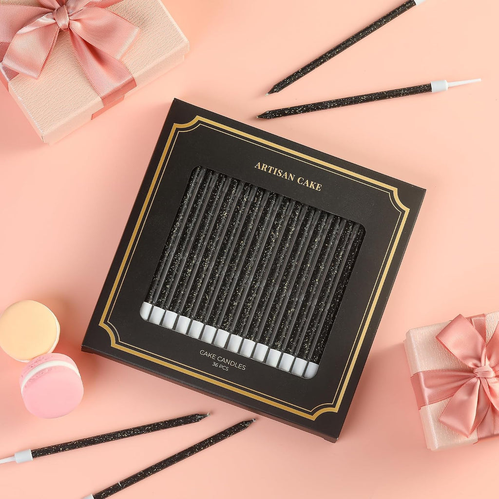 36-Count Black Glitter Long Thin Birthday Candles, Cake Candles, Birthday Parties, Wedding Decorations, Party Candles