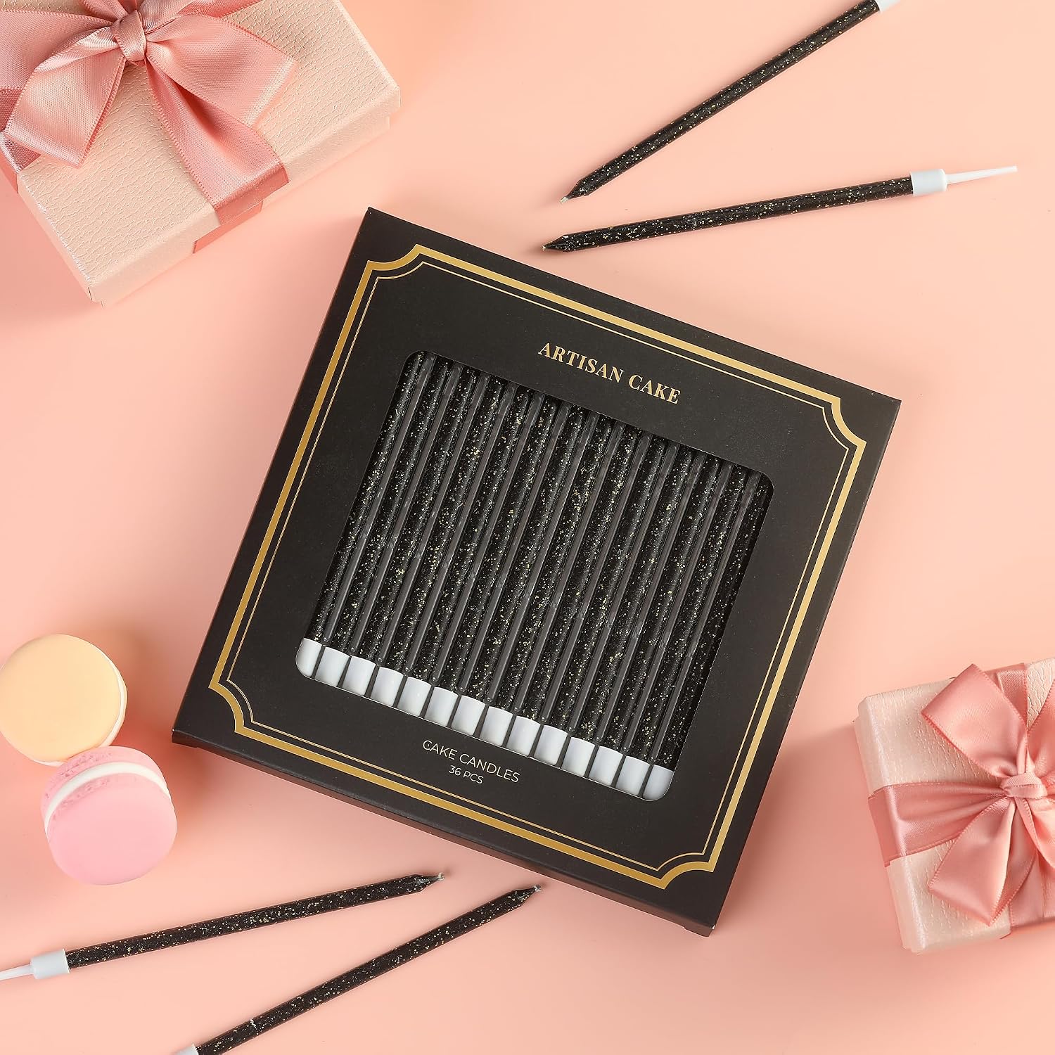 36-Count Black Glitter Long Thin Birthday Candles, Cake Candles, Birthday Parties, Wedding Decorations, Party Candles