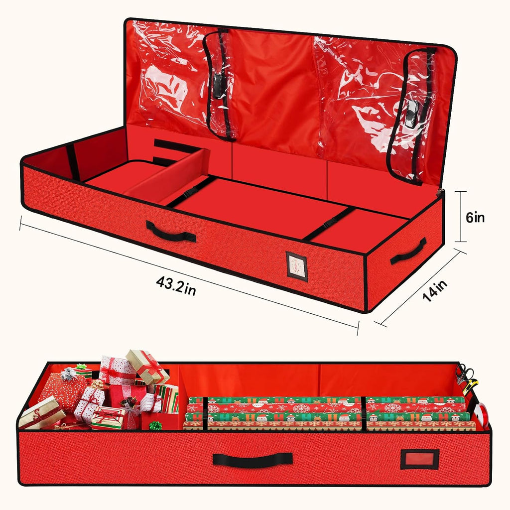 HikooLSS Wrapping Paper Organizer Storage Container 600D Heavy Duty (Red) | Tear Proof for Holiday Christmas Gift Wrapping Storage with Flexible Partitions Storage Container for Ribbon, Accessories